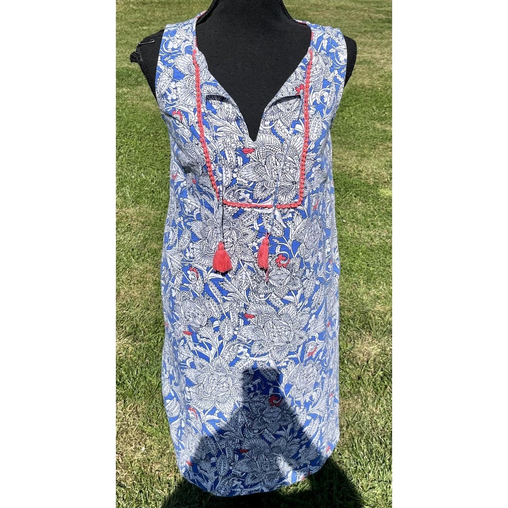 Boden Dress Womens 4 Blue White Floral Tassel Sleeveless Split Neck Cotton Tunic